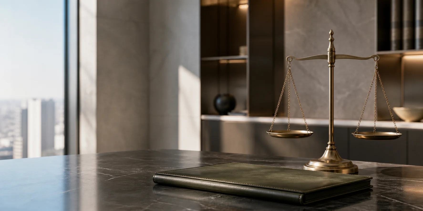 Brass scales of justice in a contemporary law office